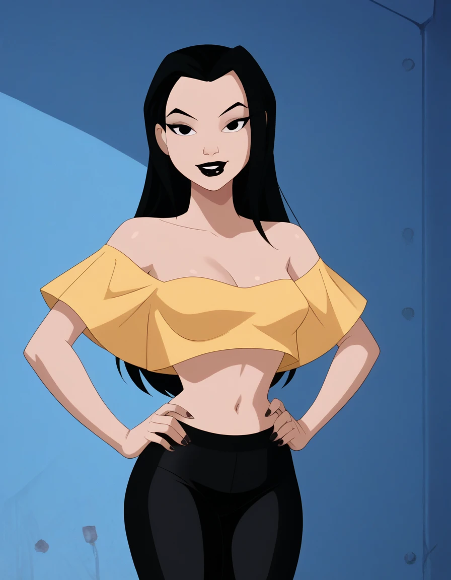 danatan, 1girl, black hair, solo, long hair, black eyes, black lipstick, makeup,, score_9, score_8_up, score_7_up, score_6_up, score_5_up, score_4_up, 1girl, looking at viewers, strapless, a orange off the shoulder shirt, navel, black leggings, medium brea...