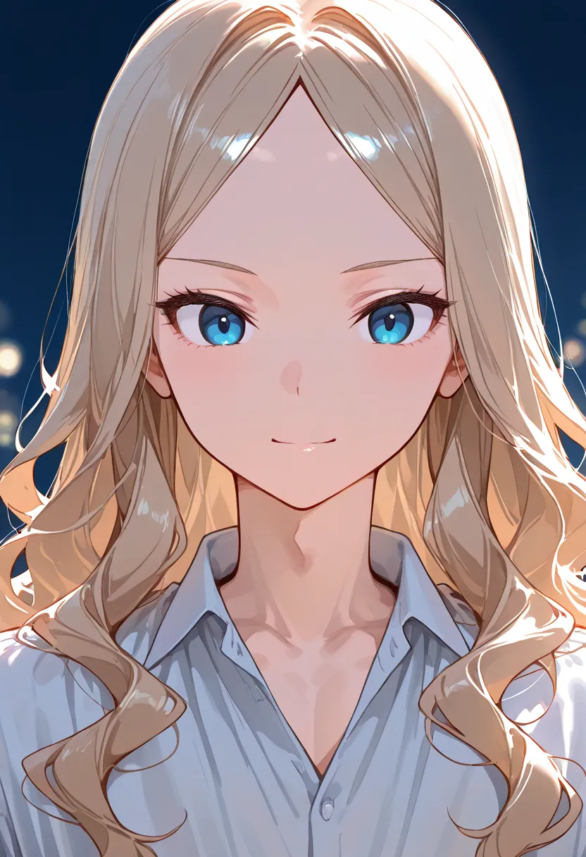 1boy, femboy , long hair, wavy hair, blonde hair, ni no bangs, blue eyes