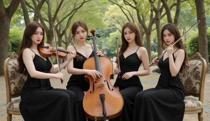 Make people brighter and bigger、bust shot、In a bright forest square、Wear a matching long black dress、Sit on a luxurious chair and play a string quartet inside、Four Beautiful Women、Can fit only 1 cello、The remaining 3 are violin and viola、No piano、 the four...