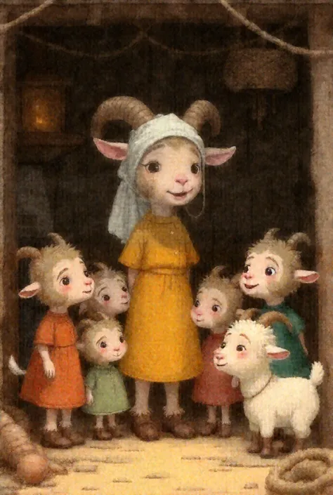 Fable : Mother Goat wears a yellow dress and a white rag on her head. He finds himself talking to his 7 little s who are wearing clothes inside the wooden hut