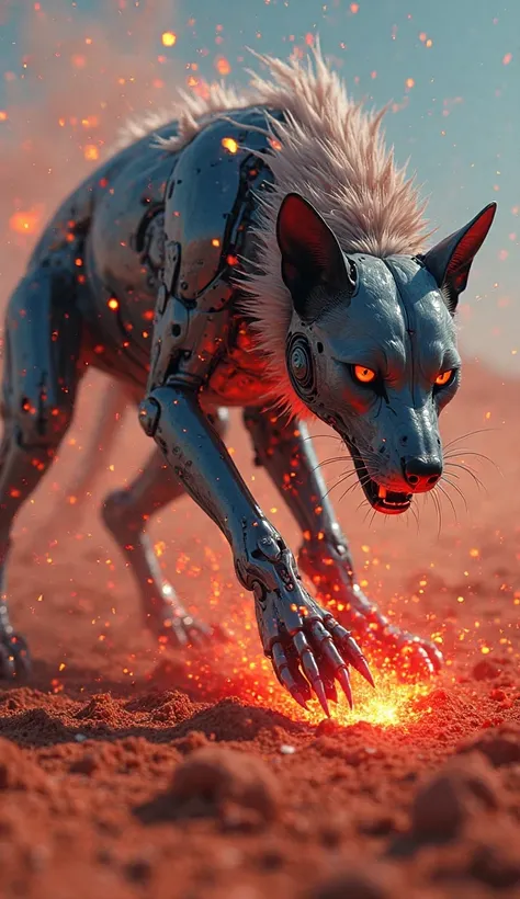 A visceral dutch-angle shot of a cybernetic cat plunging steel claws into the robotic alpha dog's back, sparks erupting, the alpha buckling forward, red desert ground splitting, sci-fi climax, neon blue-red fury, 4K