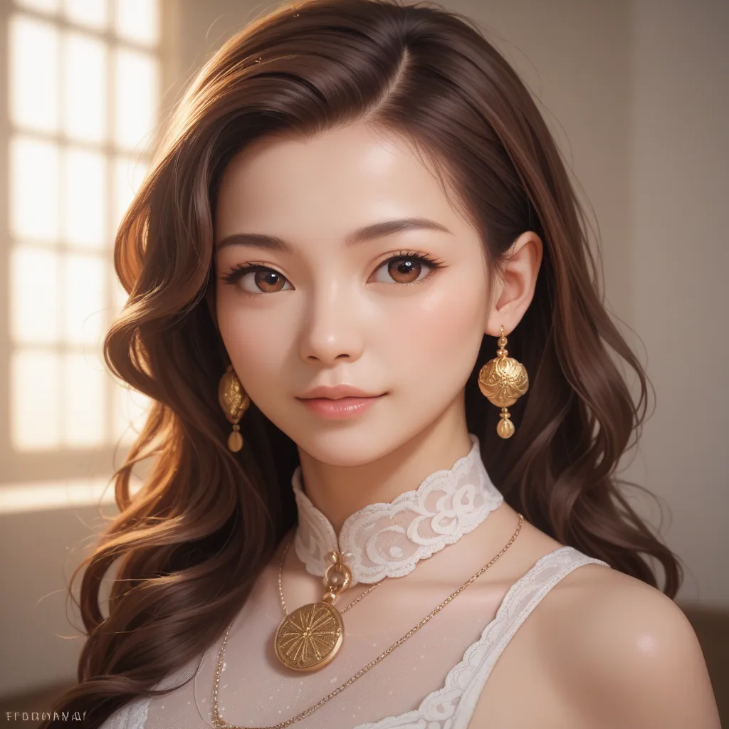 Create for me a woman with Asian features with slightly red brown hair I want in a real format 