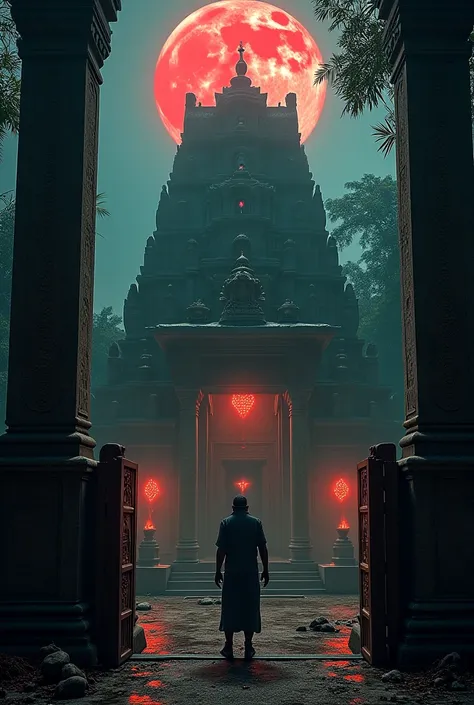 An ancient, cursed Indian temple deep in the jungle, shrouded in thick mist under a blood-red moon. The towering stone pillars are cracked and covered in eerie, glowing Sanskrit inscriptions. The temple entrance is blocked by rusted iron gates, barely hold...