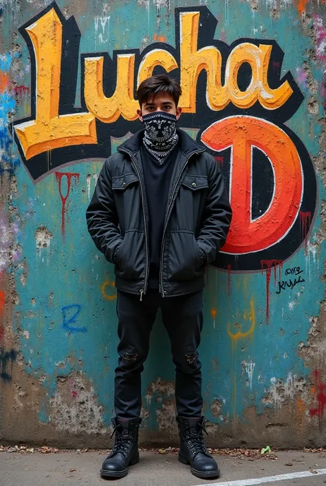 Young man in black clothes covered his face with badana and written coloured LUCHA D on background wall 