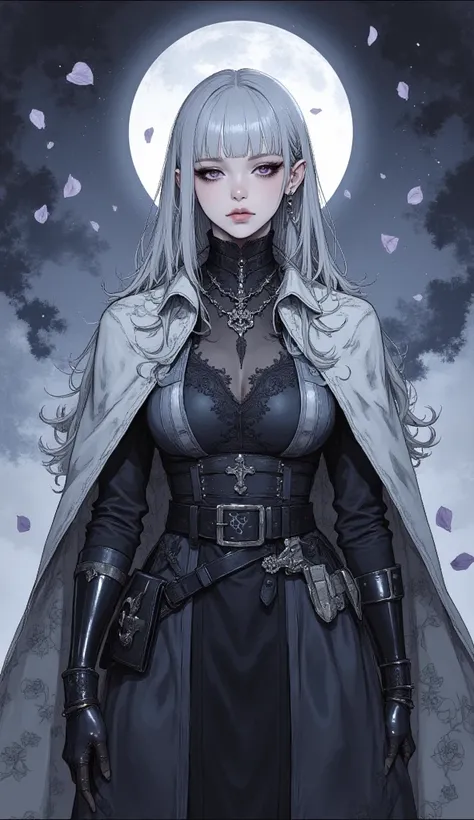 There is an ink painting of a (full body portrait), 1girl, solo, (long silver hair), detailed face, mischief expression, smirk, pale white skin, purple eyes, (detailed eyes), long eyelashes, black eye liner, red lipstick, black tunic, (silver hoodie cloak)...