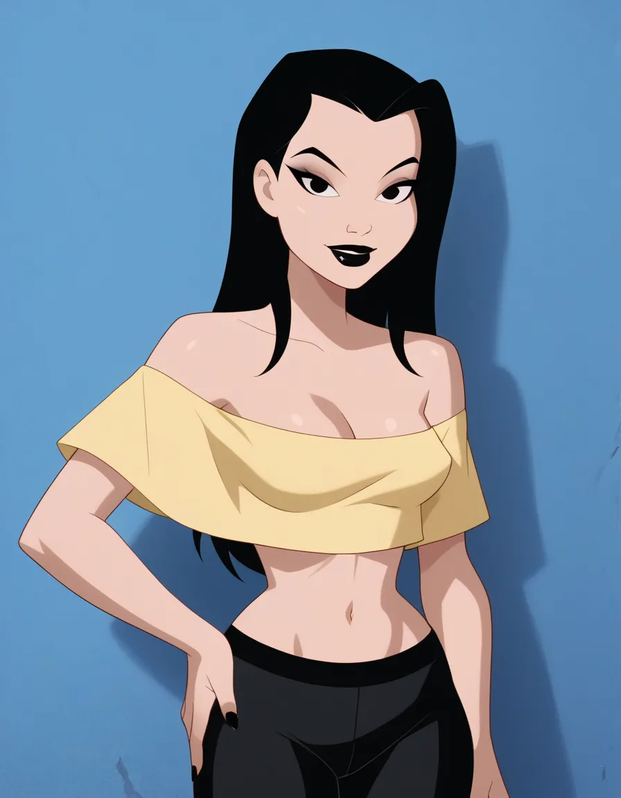 danatan, 1girl, black hair, solo, long hair, black eyes, black lipstick, makeup,, score_9, score_8_up, score_7_up, score_6_up, score_5_up, score_4_up, 1girl, looking at viewers, strapless, a dark orange off the shoulder shirt, navel, black leggings, medium...