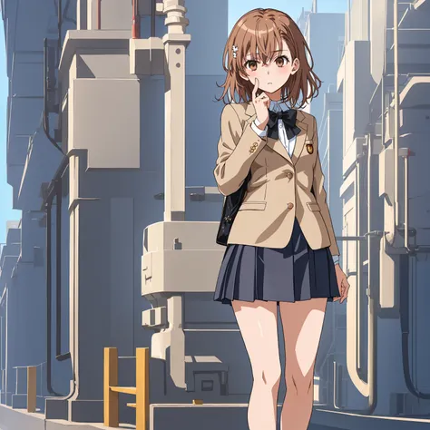 ((Highest quality)), ((masterpiece)), ( exhaustive), 1 girl, Alone, perfect face,  expressionless,  exhaustive face, hollow eyes, perfect hair,  exhaustive hair, Misaka Sister, brown jackets, 平たい胸, blazer, bow, pleated skirt with index finger,  grey skirt,...