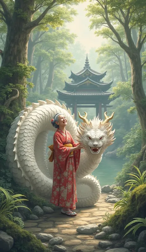 Happy kimono grandma pet big white dragon in forest japanese zen temple