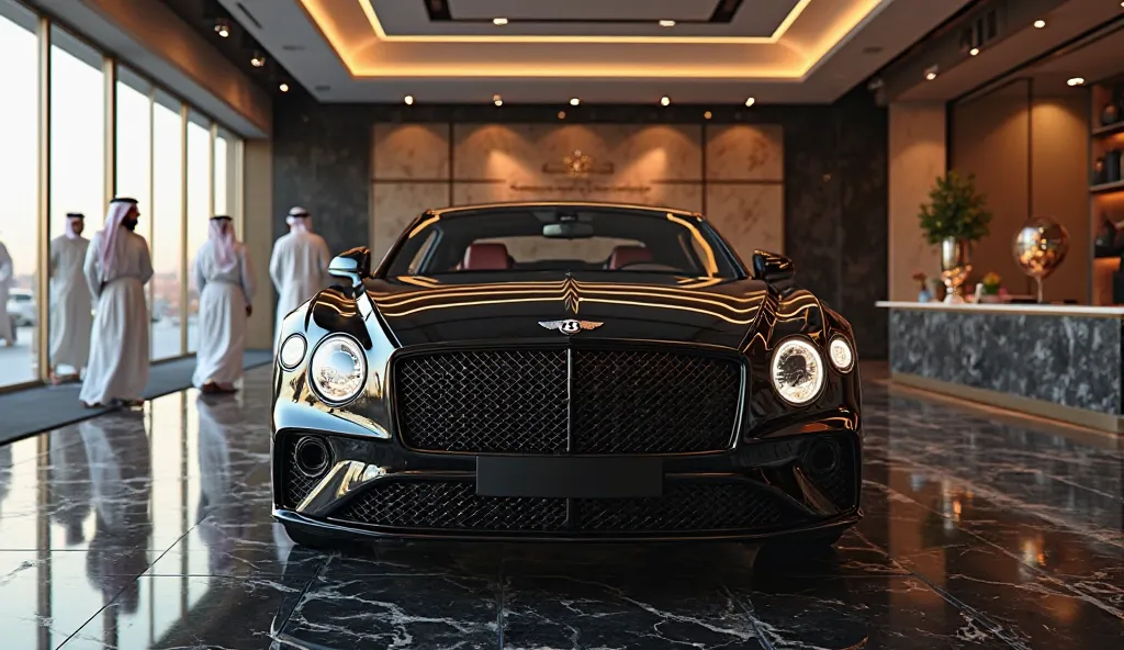  New 2025 model Bentley Continental GT– A luxury sedan favored by royalty. [Back] [black Color ] showcased inside a high-end luxury car showroom. The showroom has a polished black marble floor reflecting the vehicle, with bright, well-arranged lighting tha...