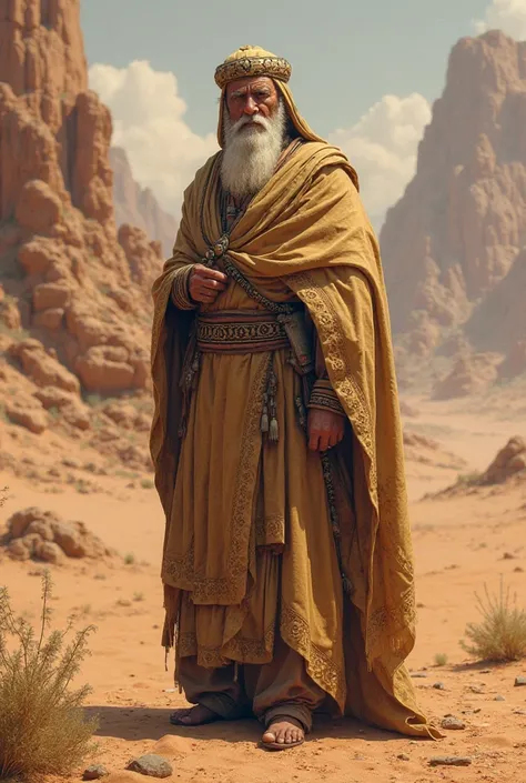 "A dignified elder in traditional attire standing proudly against an ancient desert backdrop, symbolizing leadership and honor."