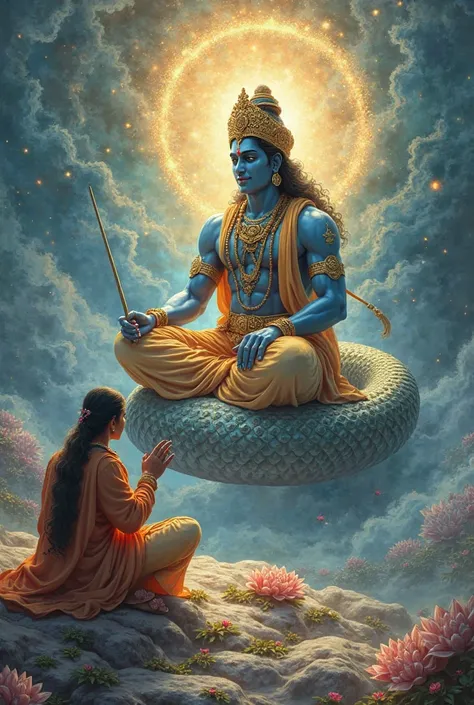 Lord Vishnu, seated on his grand serpent Ananta in Vaikuntha, listens calmly to Sage Narada, who bows before him in devotion. The scene is bathed in divine blue and golden hues.