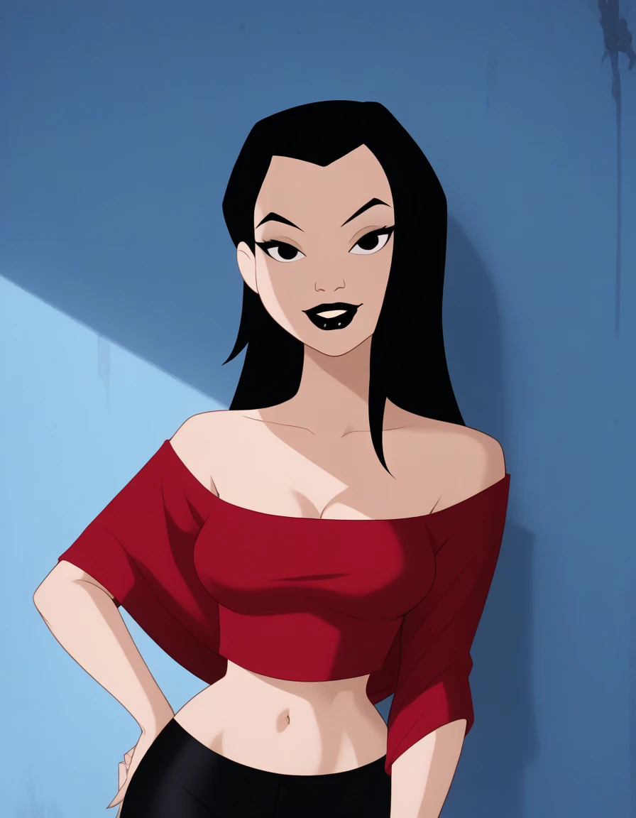 danatan, 1girl, black hair, solo, long hair, black eyes, black lipstick, makeup,, score_9, score_8_up, score_7_up, score_6_up, score_5_up, score_4_up, 1girl, looking at viewers, strapless, a red off the shoulder shirt, navel, black leggings, medium breast,...