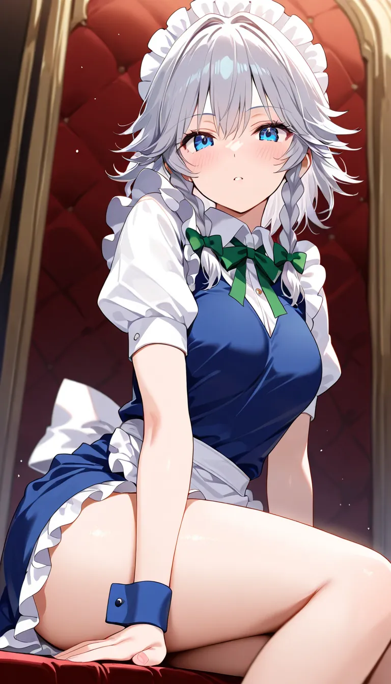 (masterpiece, Highest quality:1.2), 1girl, izayoi sakuya, (half closed eyes:0.1), blue eyes, wrist cuffs, looking at viewer, bow,