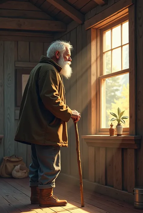 You can make an old man turn his back while looking out a window in the cabin with his cane (ANIMATED FOR A STORY)