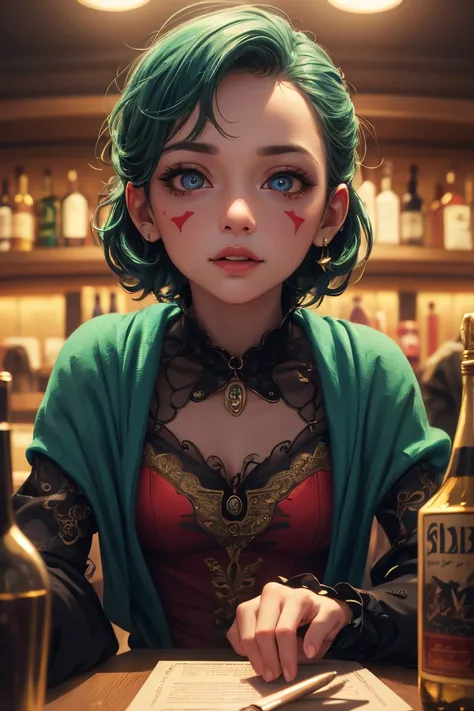 joker, jester, Sitting at a bar table, On the lock glass, Absinthe 