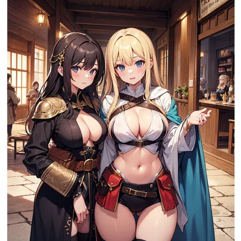 High quality, super detailed, best quality, highly detailed, beautiful, masterpiece, group of girls, harem, cleavage, outfit with slits, adventurer, fantasy, perfect anatomy, detailed outfit, detailed decoration, pouch, robe, cloak, belt, big boobs, side b...