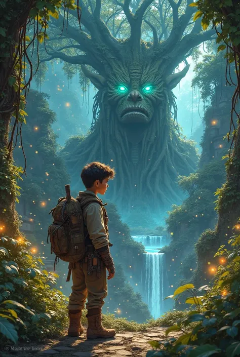 "A young adventurer, around , stands in a glowing, mystical jungle filled with ancient ruins covered in moss and vines. He wears a rugged explorer outfit with a well-worn leather backpack, a belt with pouches, and sturdy boots. His face is clearly visible,...