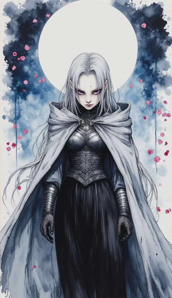 There is an ink painting of a (full body portrait), 1girl, solo, (long silver hair), detailed face, mischief expression, smirk, pale white skin, purple eyes, (detailed eyes), long eyelashes, black eye liner, red lipstick, black tunic, (silver hoodie cloak)...