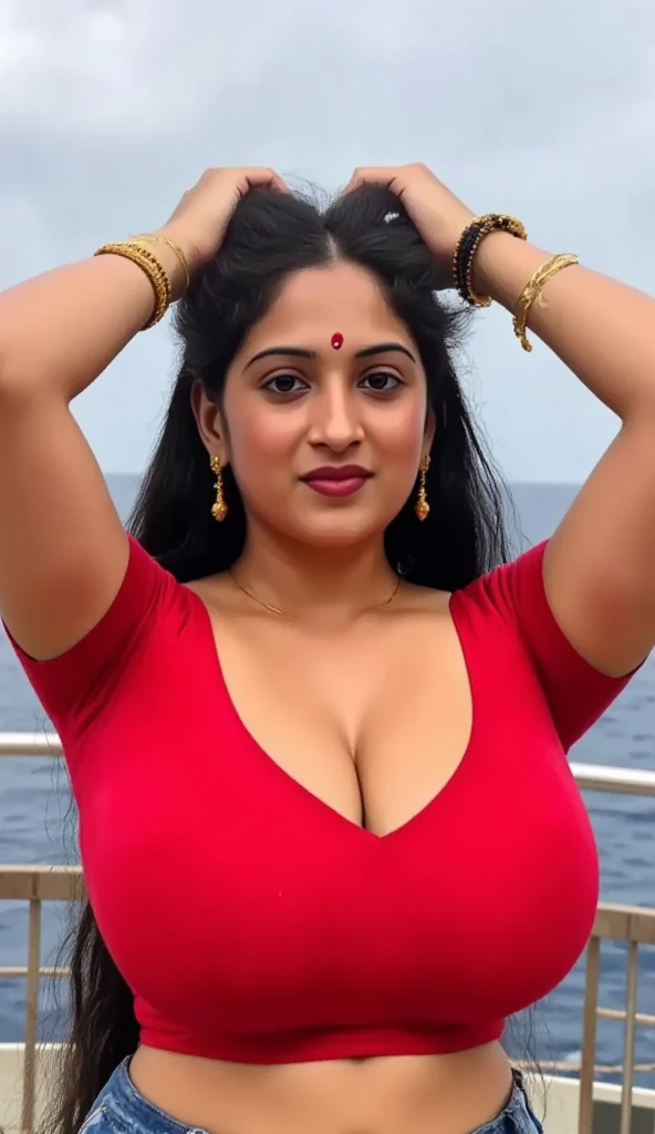 Full body photo of hourglass figure Mature Indian Traditional  Aunty with dusky skin, showing her large U cut Cleavage, Red Sindoor on her forehead, Both hands streched up above head showing dark hairy armpits, very long silky Hair , nice curves, , sensual...