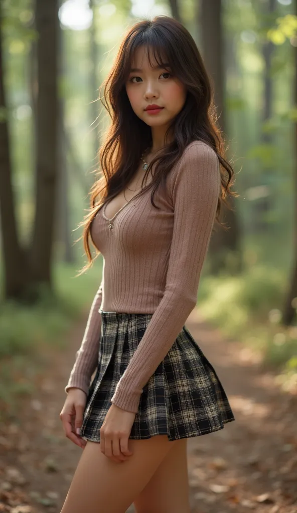 超可愛い日本の色気あるBaby Faceの女性，(( beautiful feet))、((long legs))、Octane Rendering、Focus on the whole 、SHOOTING WITH A FOREST VIEW ANGLE、 plaid pleated mini skirt:1.5、thick thighs、LONG BEAUTIFUL LEGS、S-shaped curve、open legs、perfect anatomy、PERFECT PROPORTION、FIT ...