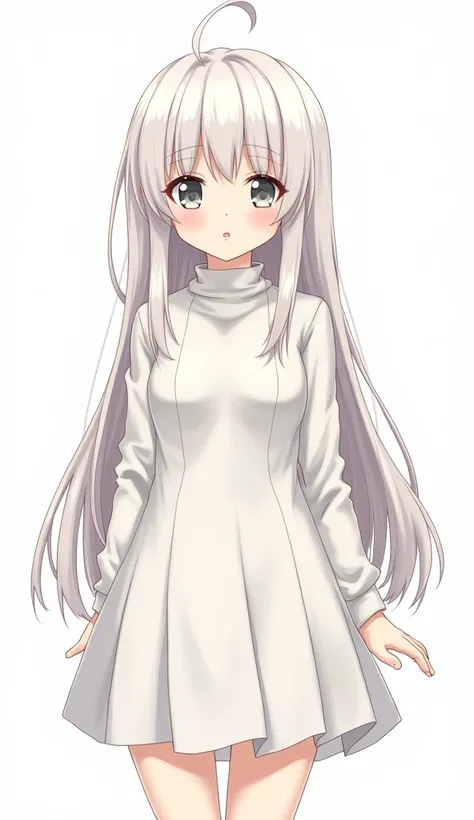 anime girl with long straight white hair flowing in loose locks with some subtle waves.  The bangs are irregular , with strands of different lengths falling on the forehead. Some strands are separated from the rest. Full body wearing white dress and wool s...