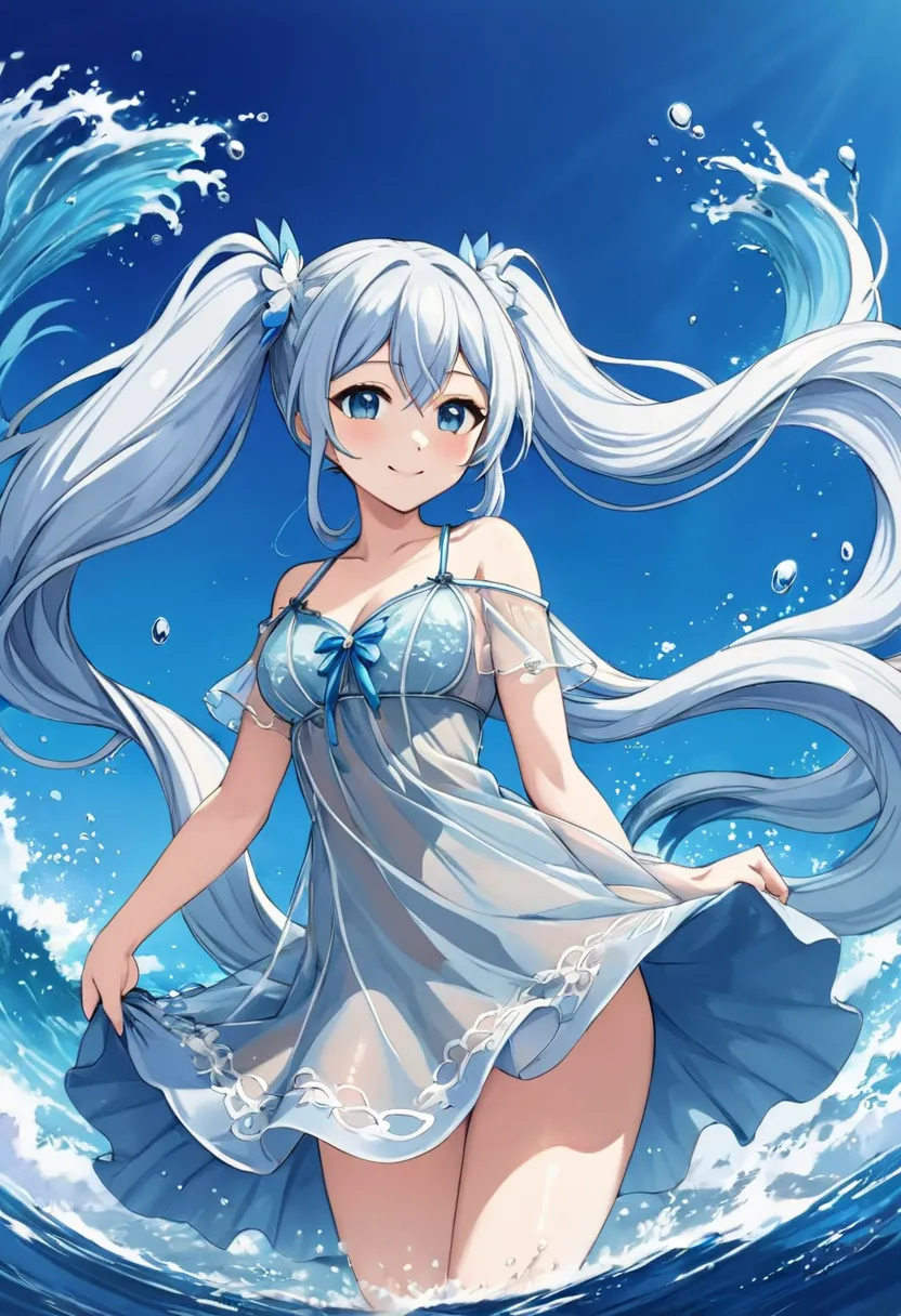 Silver long hair、 Beautiful woman with twin tails、smile、 Wearing a see-through dress 、 face close-up、The ocean flies around a beautiful girl、 Inspired by a beautiful painting,  Blue Water Anime Wallpaper  , Goddess of the Sea,  Water Spirit,  An animated g...