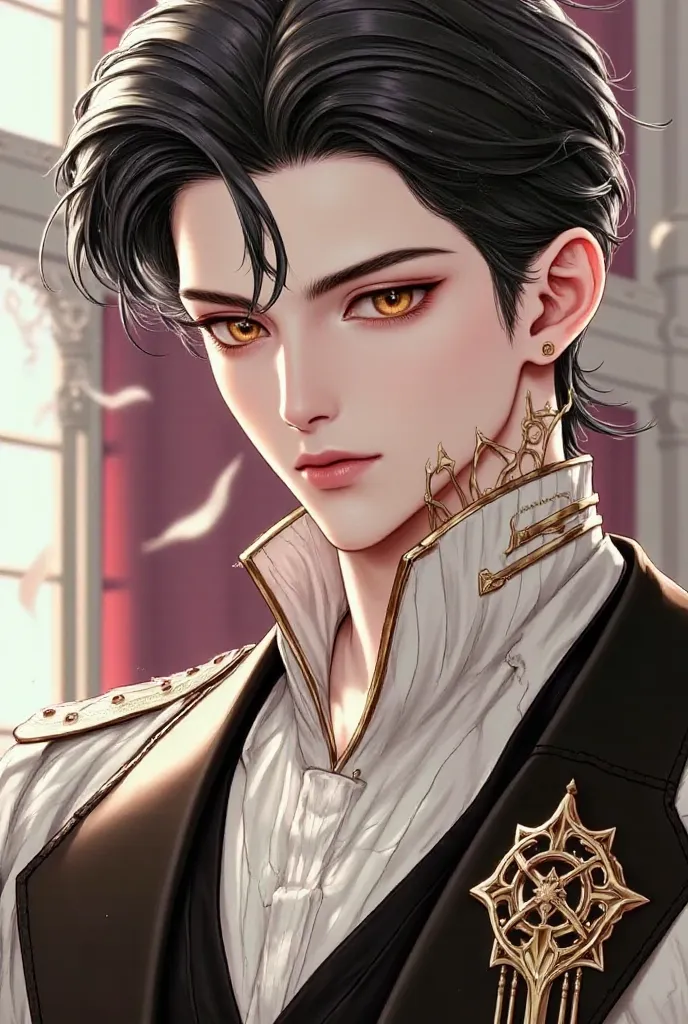 (masterpiece), (best quality), 1man, solo, male, middle part hair, black hair, dreamy amber eyes, chiseled jawline, muscular, modern student, modern uniform, arrogant, confident, playful, unbothered, mighty, classroom background, forehead, majestic, aesthe...