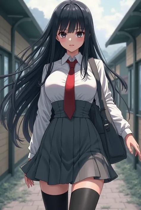 Dominant tall ager with cold eyes,  black eyes, dressed in Japanese school uniform, the gray knee-length skirt, black thigh-length stockings, white shirt, red tie, gray school bag, long black hair, flequillo cubriendo toda la frente y  black eyes mostrando...