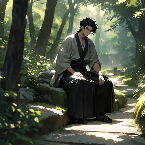 male、Hakama、 Japanese sword、 black hair、 、earrings、route