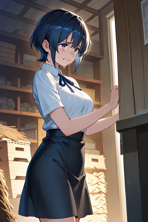 ((An angle from a distance)),solo, 1 girl,  dark blue short hair, Big Blue Eyes , white short sleeve blouse, navy blue ribbon,black skirt,Big enough for breasts, office,storehouse,crying