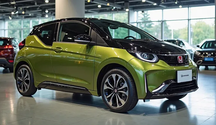 A compact, modern Honda Today car showcased in a well-lit showroom. The car is painted in glossy olive green with black accents on the roof and wheels. Seen from the side, it has a streamlined, sporty design with a compact two-door structure. The reflectio...