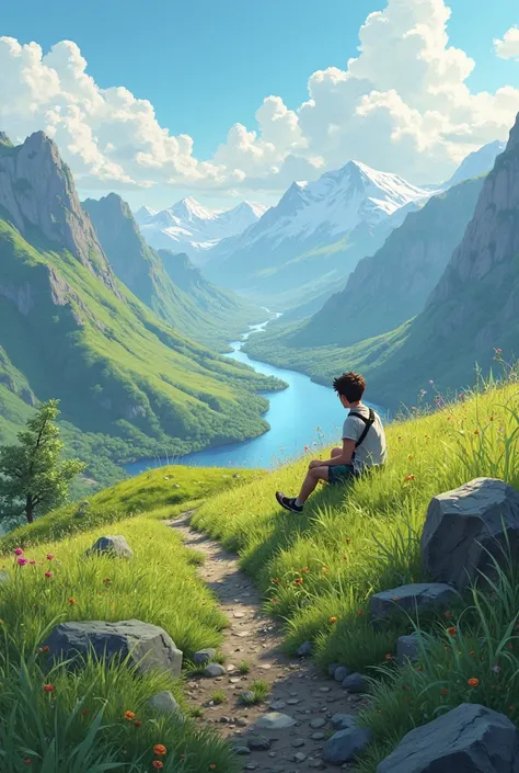 A serene mountain peak with lush green grass, a slow-flowing river in the distance, and a sunny sky with soft clouds. A gentle breeze makes the grass sway. A handsome boy is sitting & enjoying the serene view. The scene is peaceful and vibrant, capturing t...