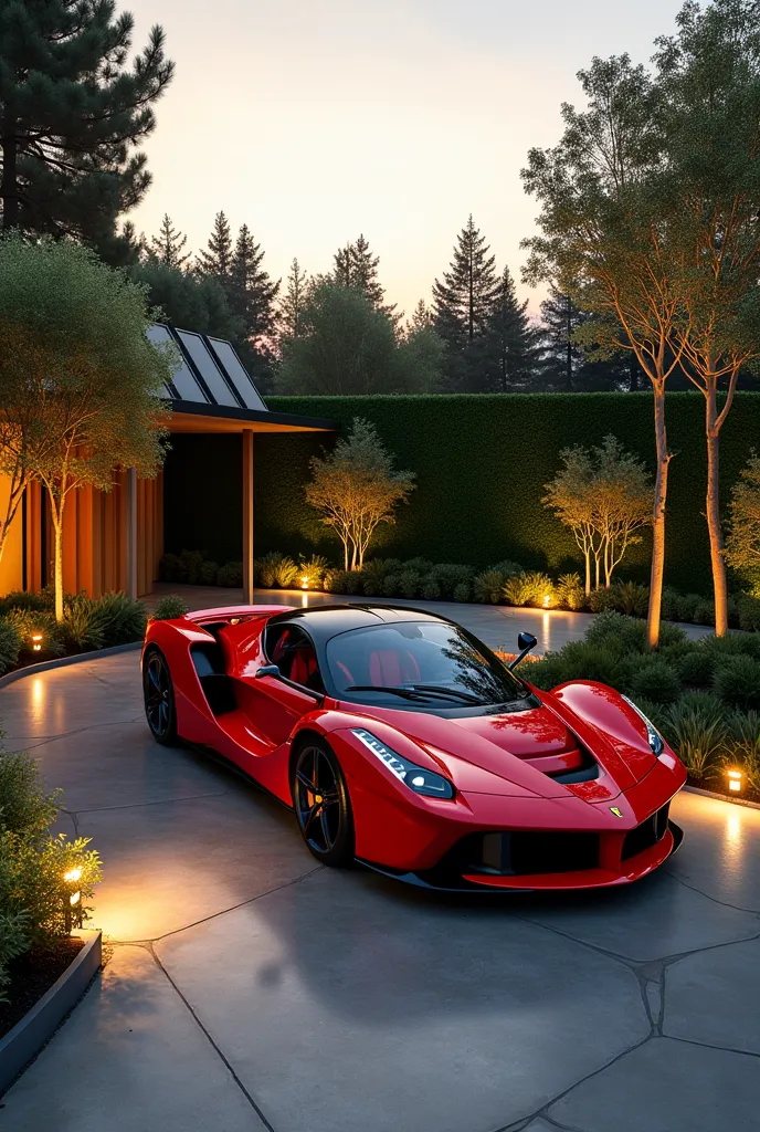 Generate an image of a luxurious hybrid-themed yard featuring a sleek Ferrari. The yard combines modern landscaping with eco-friendly elements like solar-powered lights, a green wall, and a minimalist water feature. A red Ferrari is parked on a smooth ston...