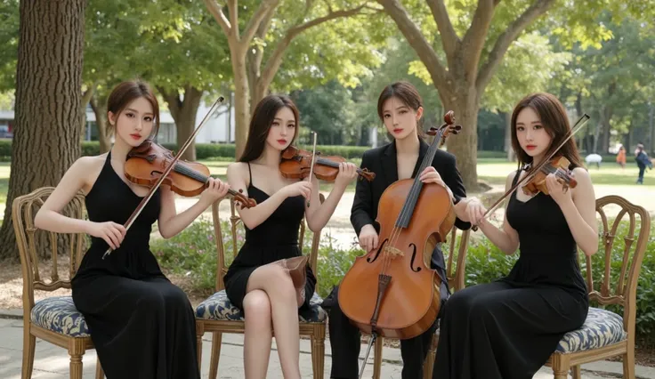 Make people brighter and bigger、bust shot、In a bright forest square、Wear a matching long black dress、Sit on a luxurious chair and play a string quartet inside、Four Beautiful Women、Can fit only 1 cello、The remaining 3 are violin and viola、No piano、 the four...