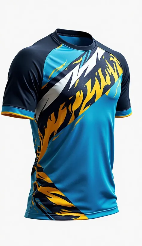 Create rugby jersey raglan cutting base colour torquis blue black white and yellow red  tiger stripe design  black round neck.white background front view