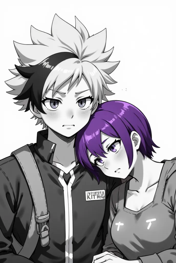 Generate a detailed black and white image of Denki Kaminari and Kyoka Jiro from the anime My Hero Academia in an intimate pose. Denki Kaminari has spiky, blonde hair with a black, lightning-shaped bang and is leaning on the shoulder of Kyoka Jiro, who has ...