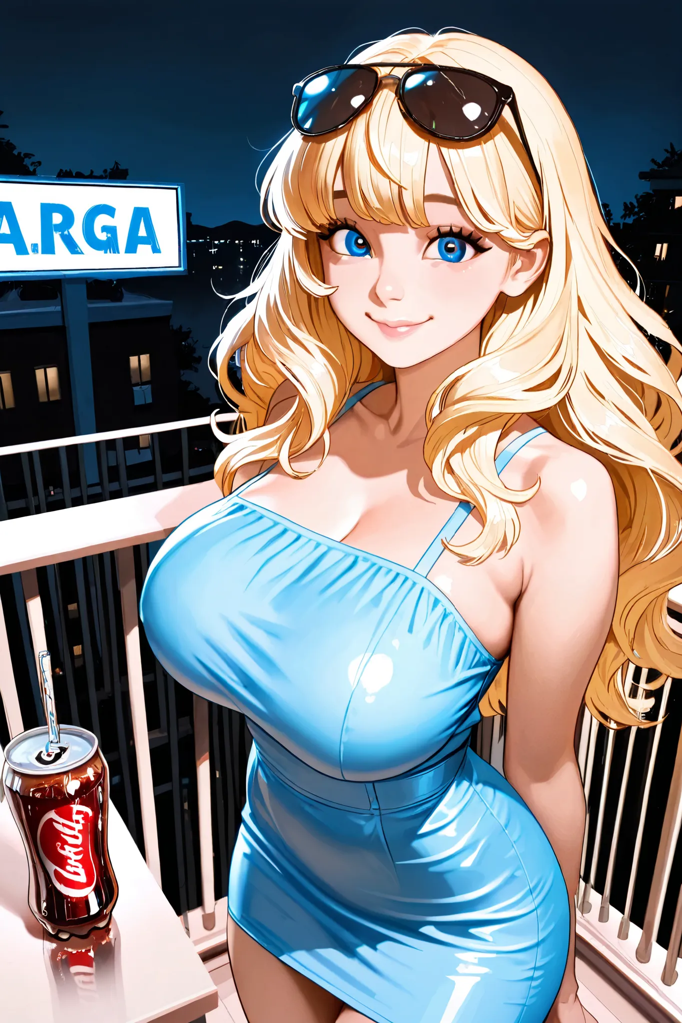    light leather balcony,  blond hair, Larga pollina ,  wavy bangs ,  wavy ends,  by the beautiful,  blue eyes, ,   smile, big boobs,  big eyes,  blue dress with skirt,  skirt with white ruffles , recreational machines  ,   night. adult, a girl,   ultra qu...