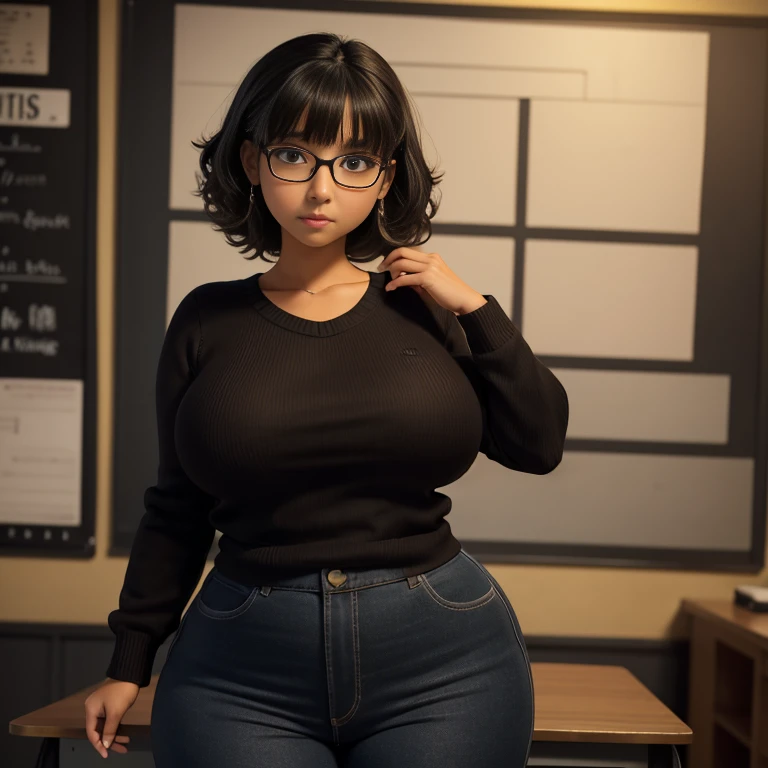 timid short petite cute slightly chubby raven nyuugao Mexican geeky emo , short slightly wavy hair, cute detailed brown eyes, cutely detailed lips, cute highly detailed eyes and face, voluptuous breasts, thin thighs, chubby wide hips, long sleeve sweater t...