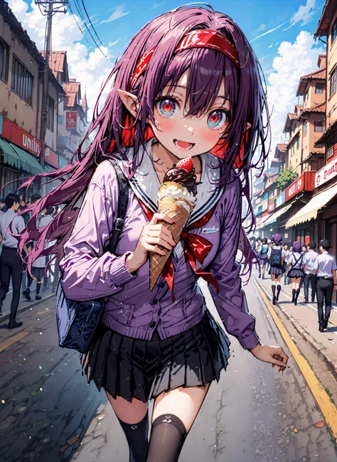 yuukiKonno, Konno Yuuki, Alone,stupid hair, Red Hairband , long hair,  pointy ears , purple hair, red eyes,smile,blush,opens her mouth,School bag,
white sailor suit ,purple cardigan,Black mini pleated skirt ,black thigh high socks, loafers,Walking,I'm hol...