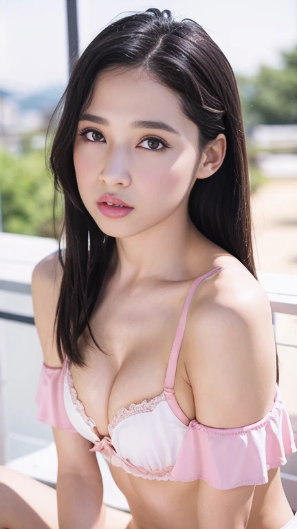 masterpiece, absurdres, 1girl, solo,mature female, off-shoulder strap bra, high waist short skirt, looking at viewer, perfect composition, detailed lips, small breast, beautiful face, body proportion, blush, (pink lips), long hair,  purple eyes,  soft gaze...