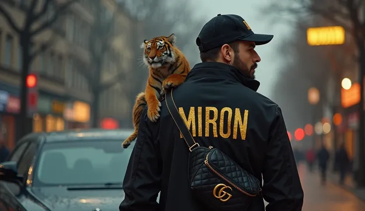 He is confidently going high , beautiful tiger in designer dark clothes,  “Miron” clothing lettering in gold, with a Gucci waist bag  . He stands in front of a Mercedes AMG in Frankfurt at the film studio, lettering on a black cap “Miron” lettering in capi...