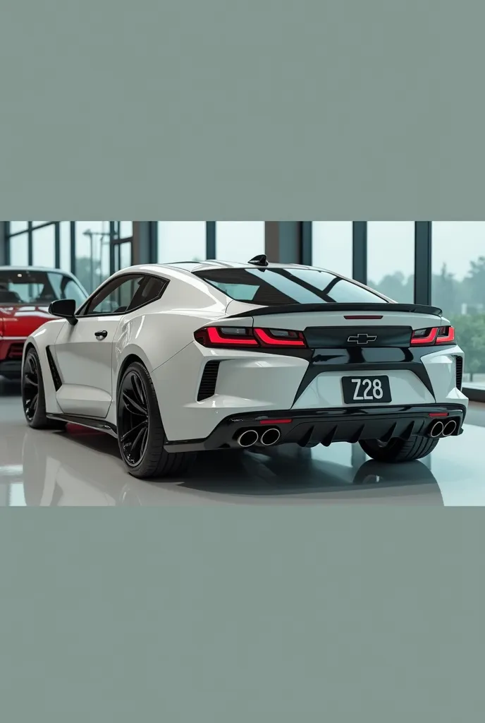 create an ultra-detailed 3D render of a modern, close-up straight front side view of 2025 Chevrolet Camaro Z28 with a bold design and black windshield. The car should feature a 'Gleamy black' color with a 'Chevrolet Camaro Z28 logo on its back, and sleek t...