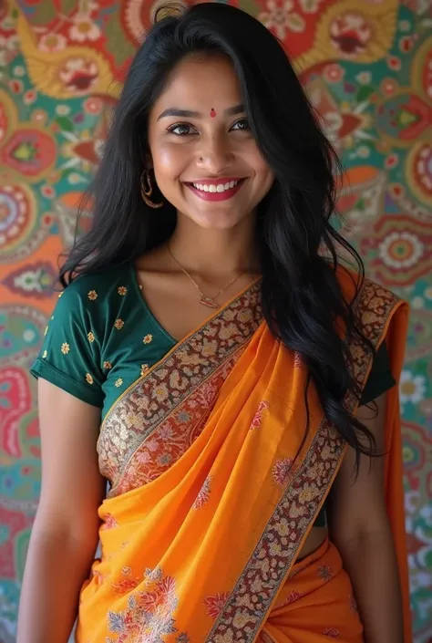 aira Banu 26 years old beautiful different face cute sexy Indian girl, curvy figure, beautiful different colorful covered t-shirt naxal design blouse Kanjeevaram Saree with Bengali Touch, big m-cup tight breast, different hairstyle, bright eyes, thin eyebr...