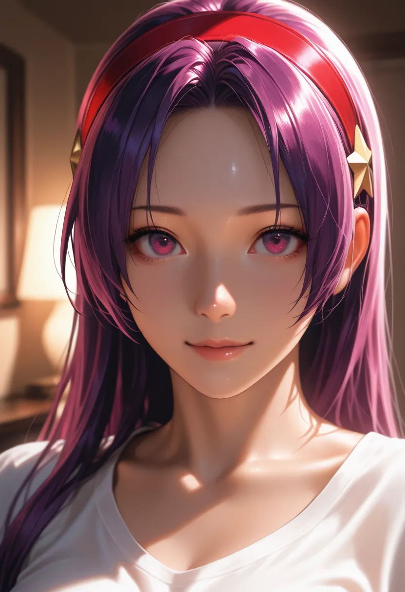 masterpiece, best quality, vibrant, very aesthetic, high contrast, photorealistic portrait,beautiful detailed face,detailed texture,detailed skin, newest, 1girl, The King of Fighters,source_ The King of Fighters,Asamiya Athena,shirt,room,realistic lighting...