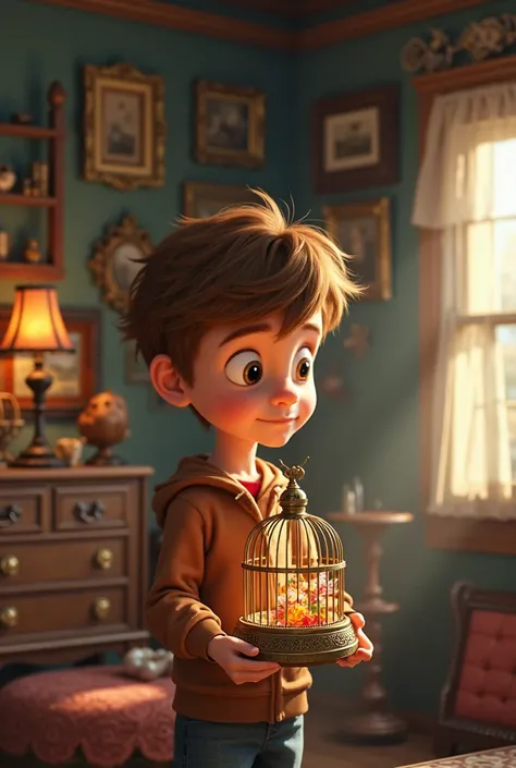 Can you draw a brown-haired boy for me inside the cabin full of antiques holding a small cage for fairies ( animated)