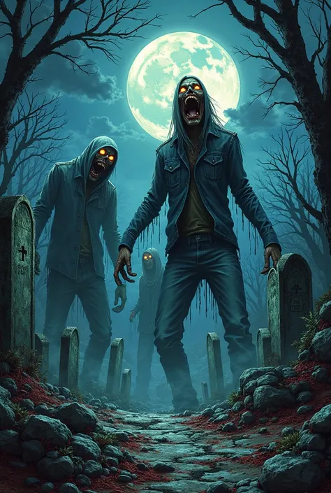 Night cemetery in the moonlight. Zombies rise from under the ground. Comic book book 