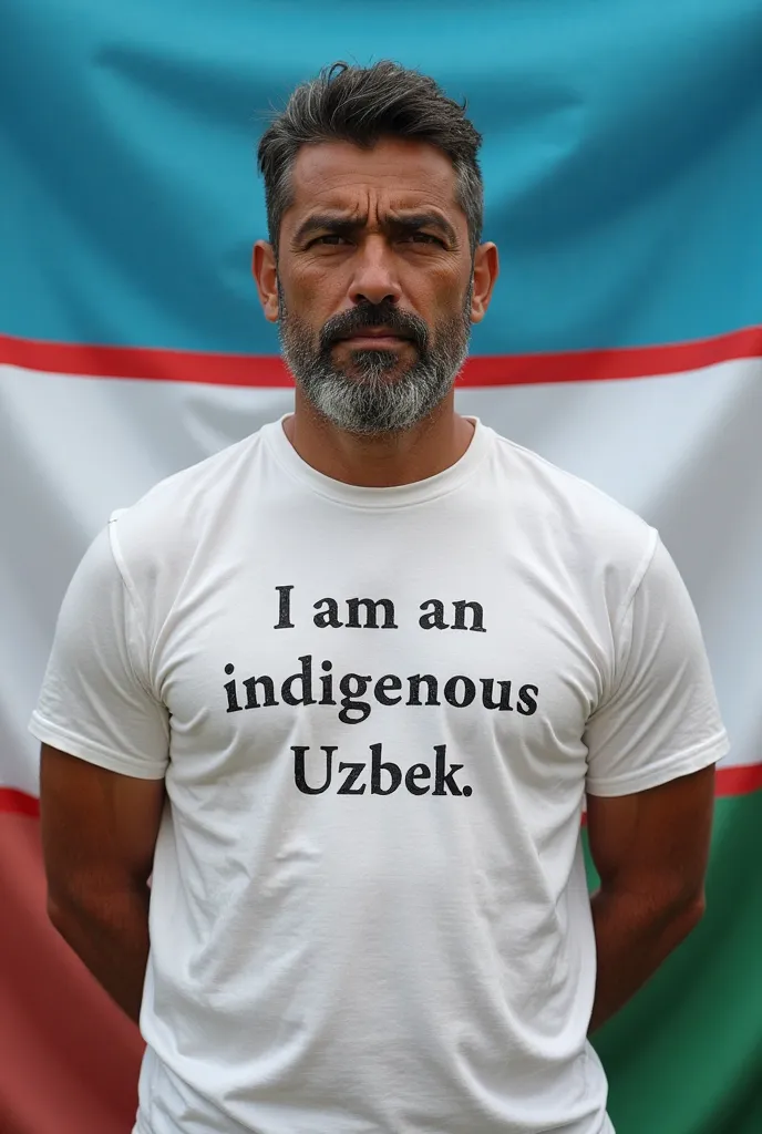 aborigen ugly and black people in front of Uzbekistan's flag with white T-shirt with text "MEN O'ZBEKISTONLIK ABORIGENMAN"