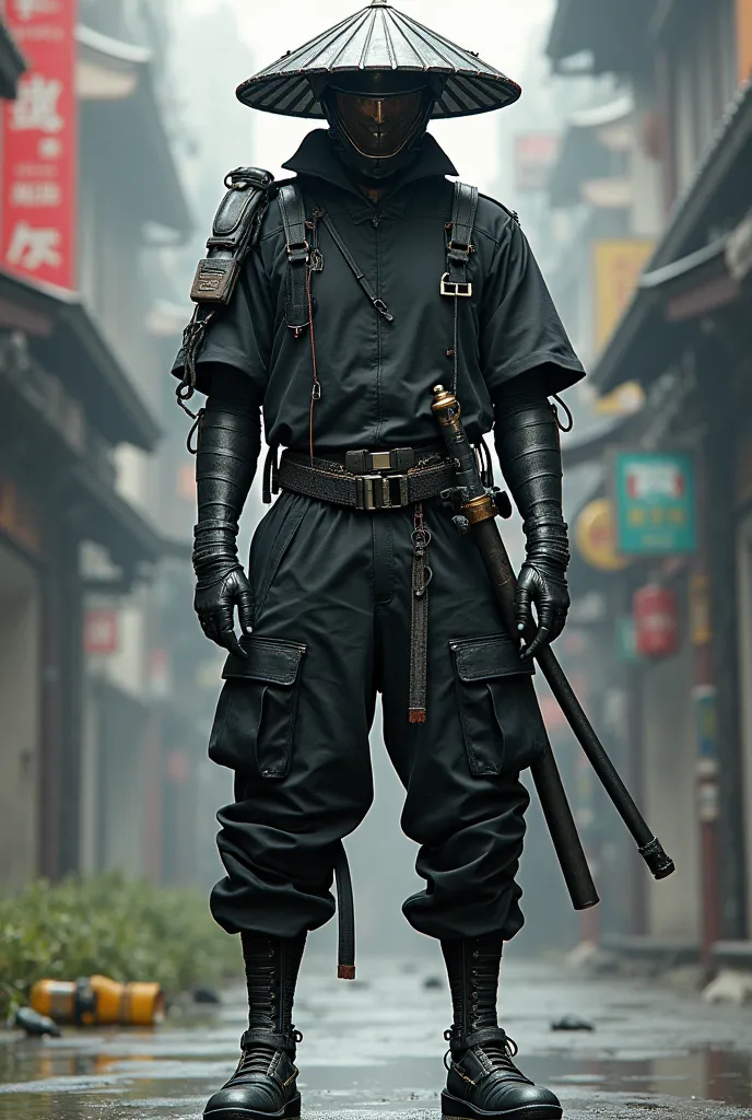  I want a character wearing a Samurai hat with a black half-robot shirt and black cargo pants with white stripes around the feet and a long shoe 