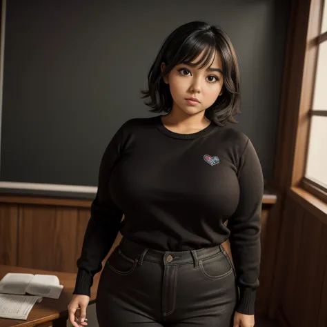 timid short petite cute slightly chubby raven nyuugao Mexican geeky emo , short slightly wavy hair, cute detailed brown eyes, cutely detailed lips, cute highly detailed eyes and face, voluptuous breasts, thin thighs, chubby wide hips, long sleeve sweater t...