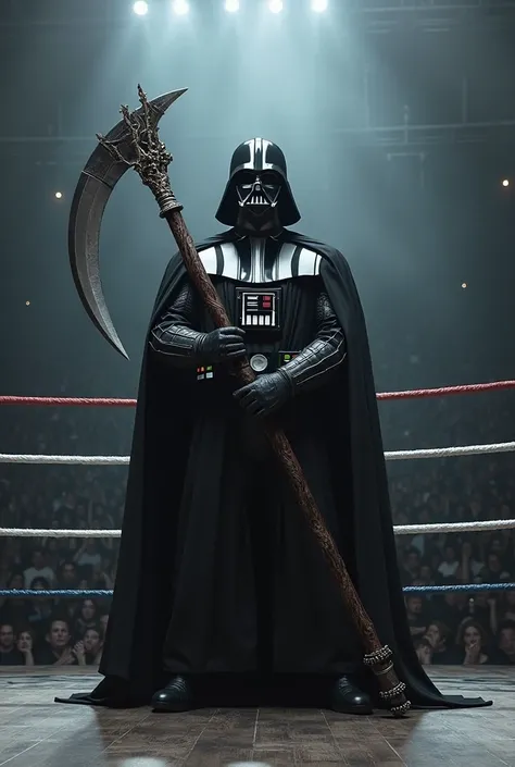 GENERATE DART VADER IN A BOXING RING WHILE HE HAS A SCYTHE